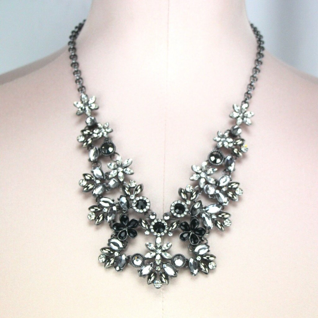 Kohl's Metal Necklace Dark Silver-Tone Gunmetal With Chunky Clear & Black Rhines